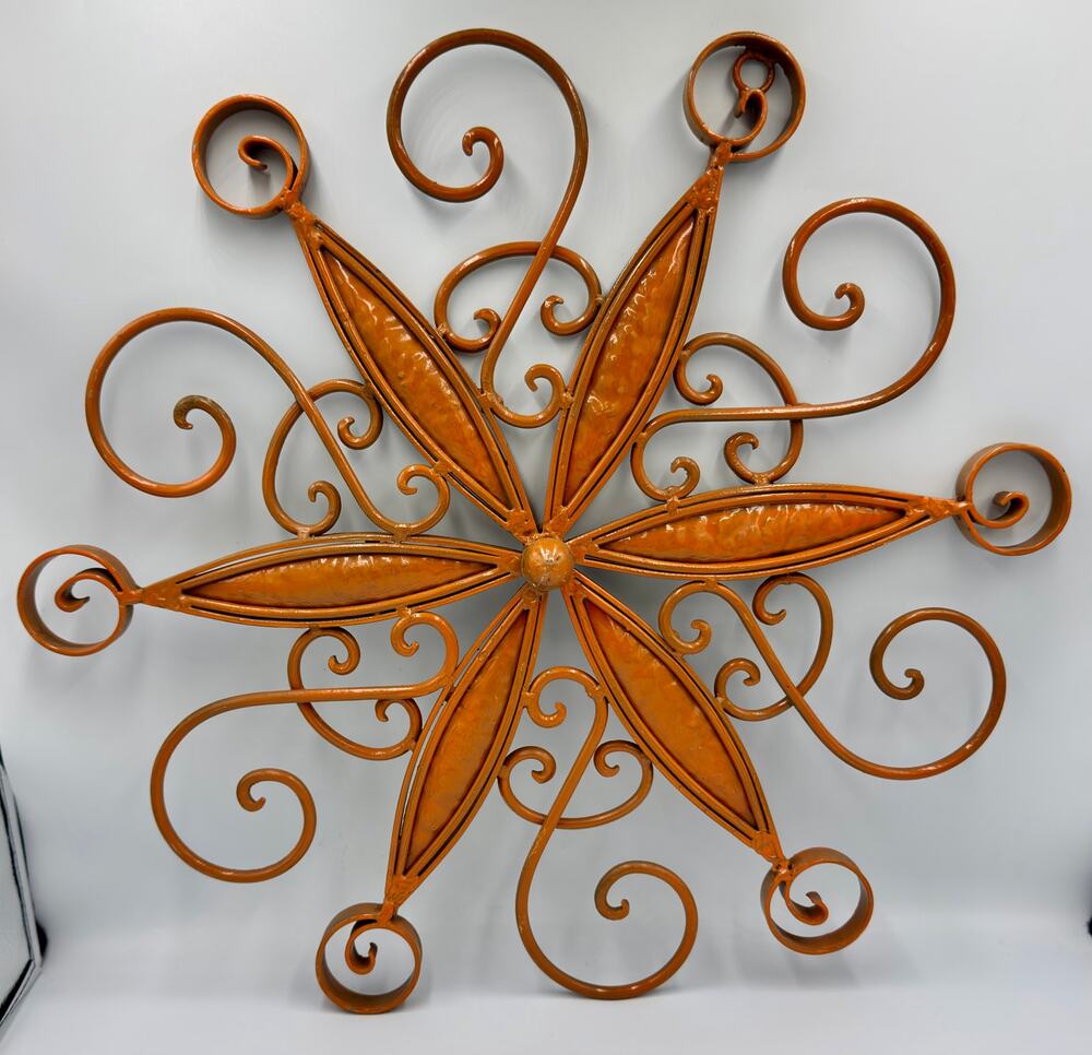 French Country Wrought Iron Metal Art Work Enamel Starburst Medallion Wall Decor